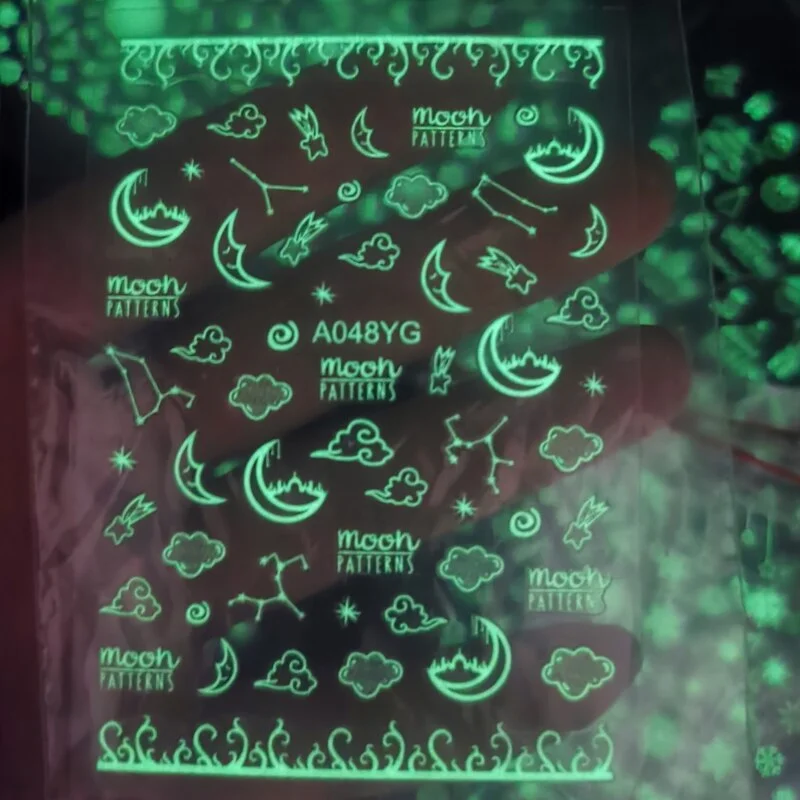 Luminous Fire Nail Art Stickers Glow In Dark Nail Decals Moon Butterfly Transfer Manicure Design Night Light Stickers-Nail Inspo