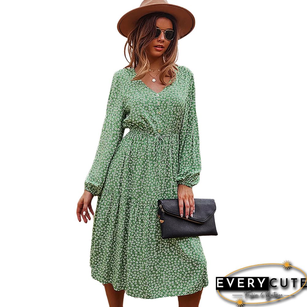 Light Green Floral Print V Neck Long Sleeve Dress