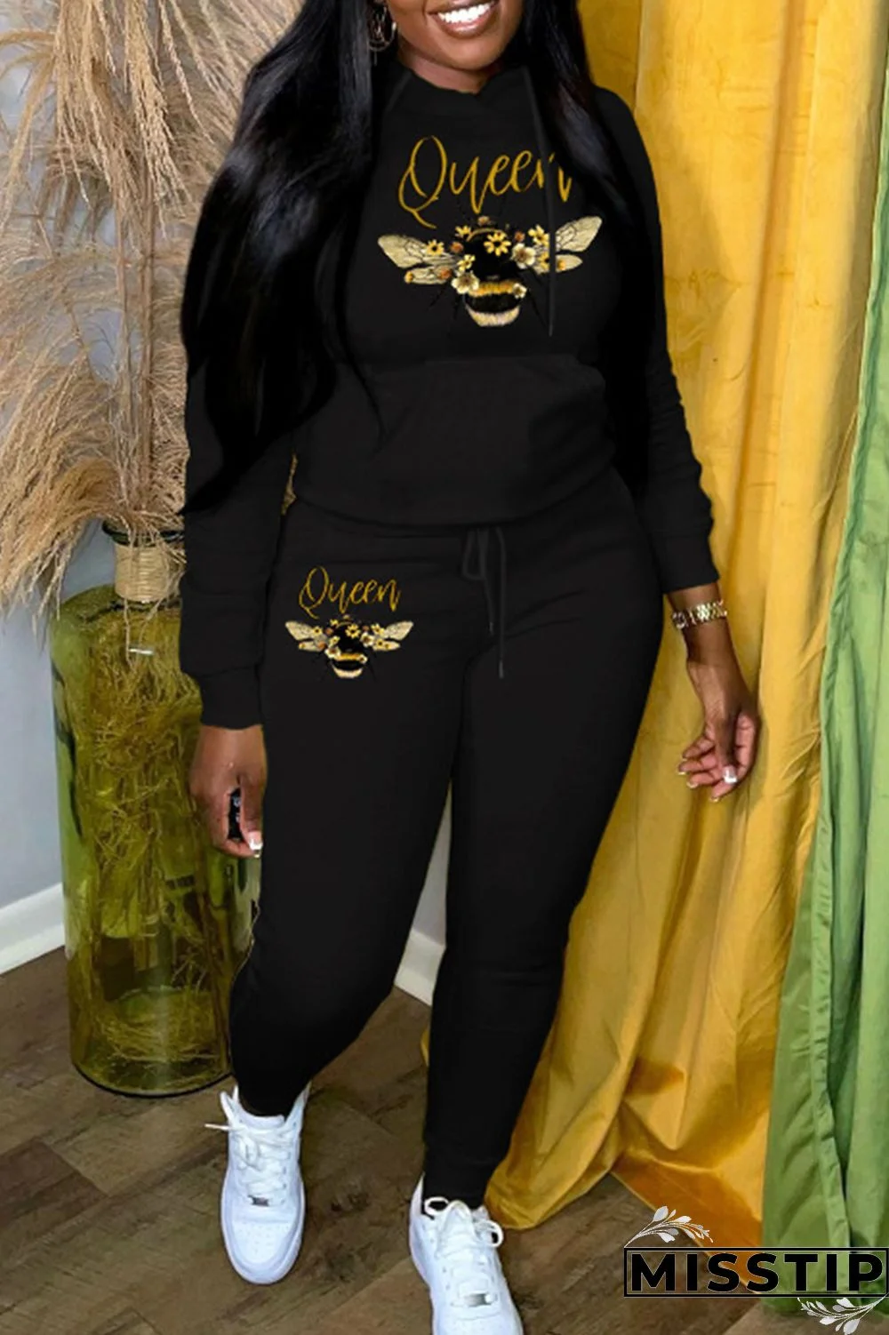 Rose Red Casual Print Basic Hooded Collar Long Sleeve Two Pieces