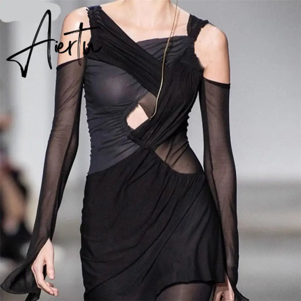 Fall Stacked Cut Out Hole Cotton Mini Dress Woman Chic Bare Shoulders Slim Strewear Gothic Casual Femme Patchwork Clothes Aiertu