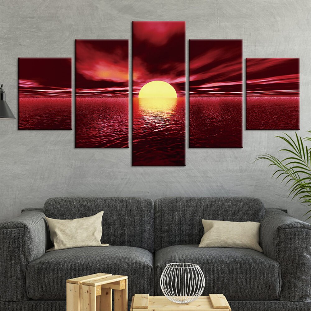 Abstract Sunset Glow 5 Piece Lake Surface Afterglow Picture Wall Art HD Printed Canvas Painting Home Decor Modular Home Decor
