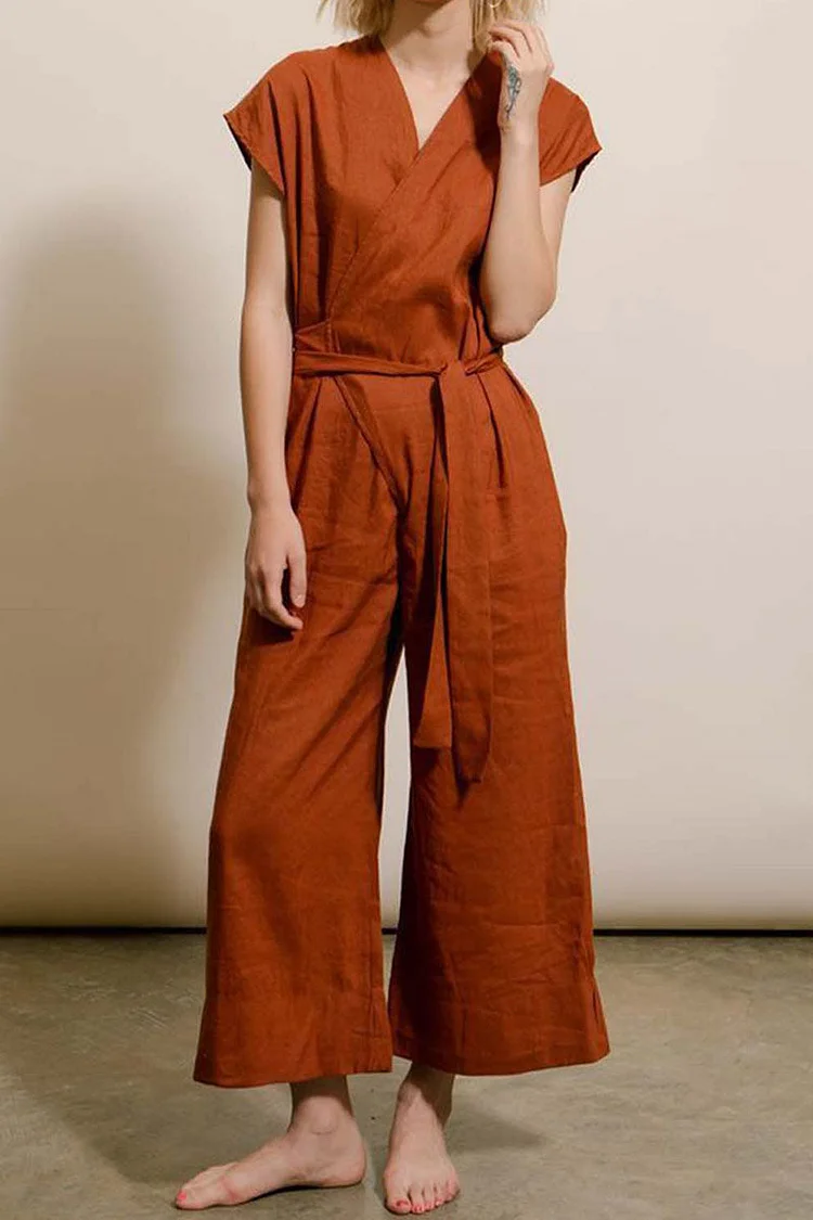 Wrap V Neck Tie Waist Linen Casual Jumpsuit