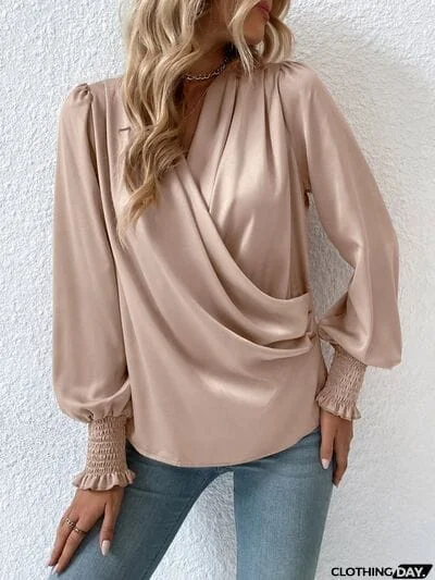 Surplice Smocked Lantern Sleeve Blouse