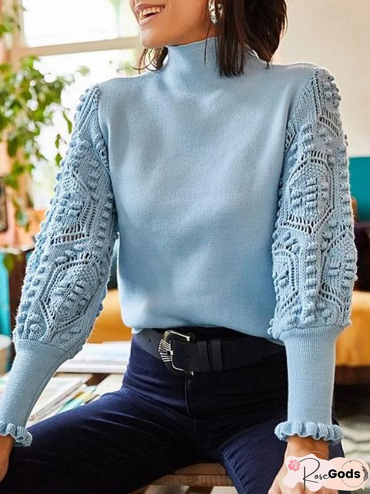 Women Blue High Neck Cutout Crochet Shoulder Long Sleeve Sweater