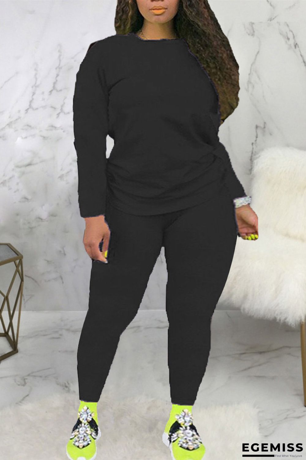 Black Fashion Casual Solid Basic O Neck Plus Size Set | EGEMISS