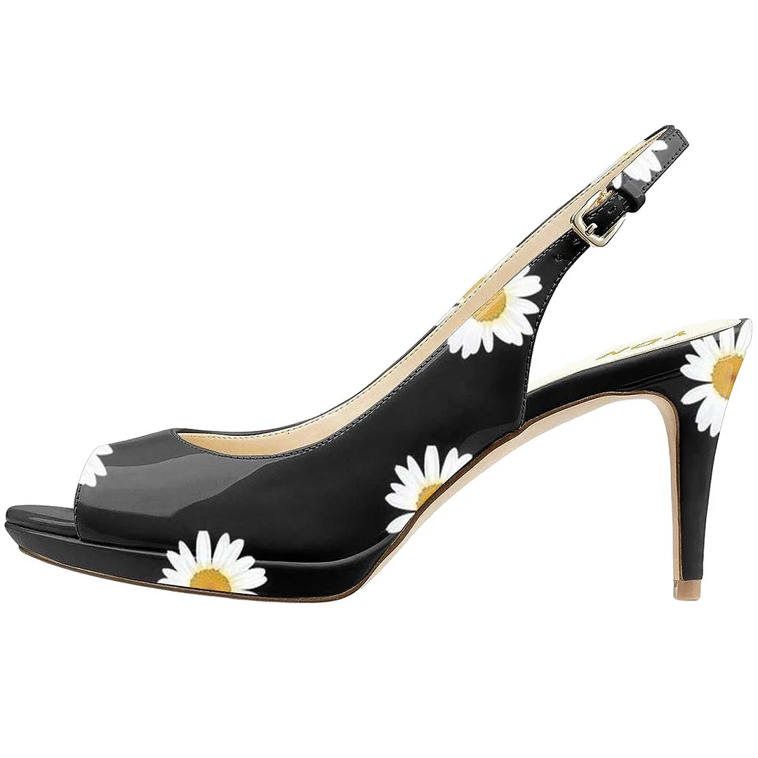 Fashionable Black Patent Leather Ivory Floral Inlay Slingback Sandals