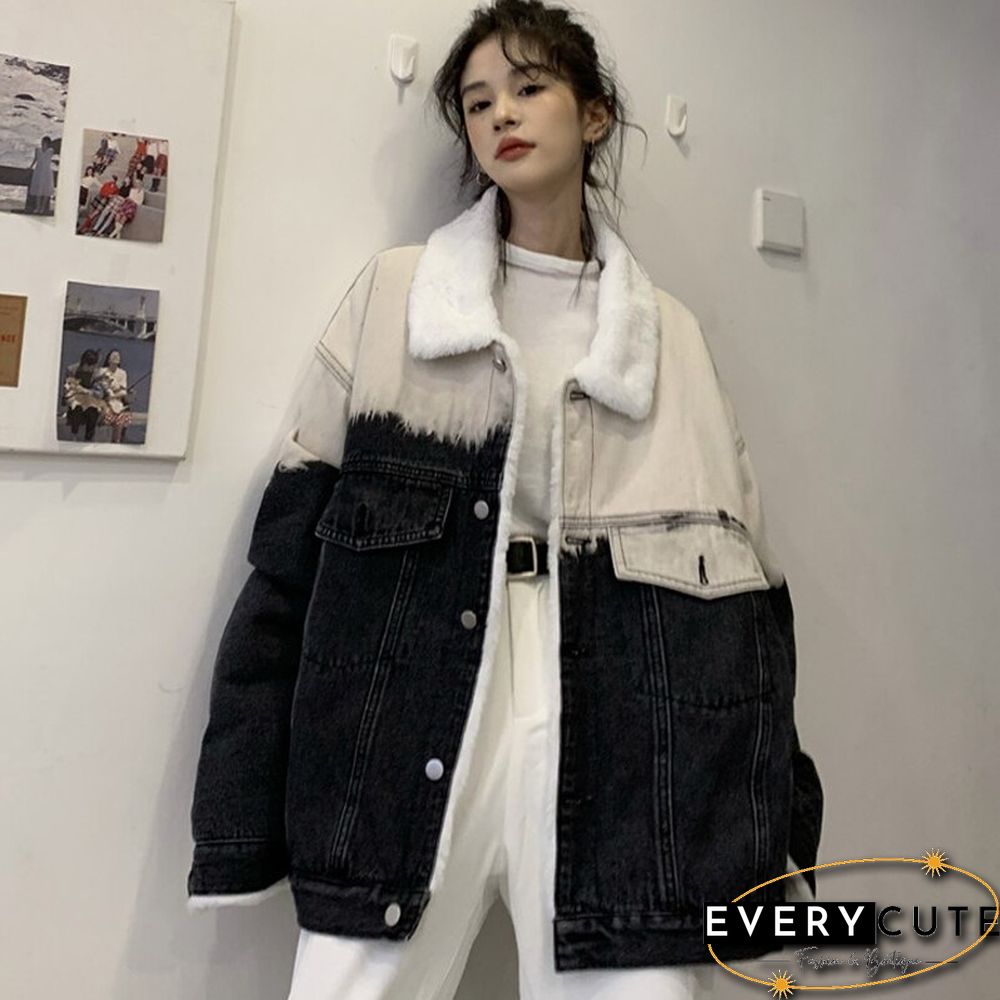 Gradient Thicken Denim Jacket Women Loose Casual Warm Jean Coats Korean Fashion Street Wear Fur Collar Lady Outwear New