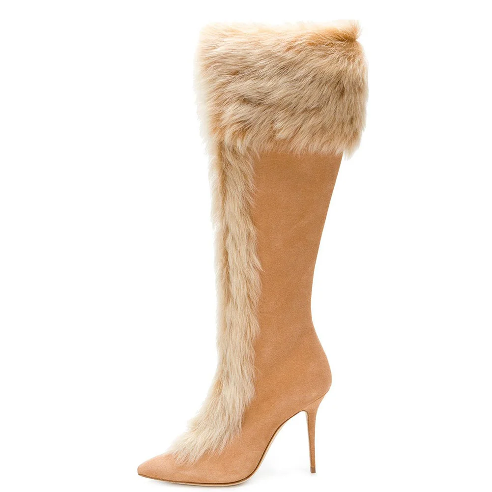 Women's Plus Size Fashion Sexy High-heeled Rabbit Fur Sweet Knee-High Boots Winter Pointed Toe Stiletto Heel Boots  Novameme
