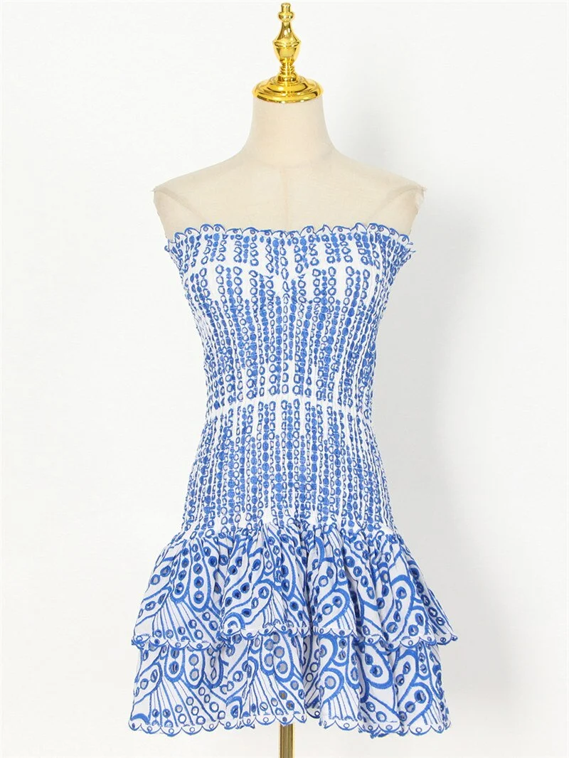 Stapless Women Dress Fashion Embroidery Hollow Out Mini Summer Vestidos Ruffles Party Wear Slim Ladies Dresses