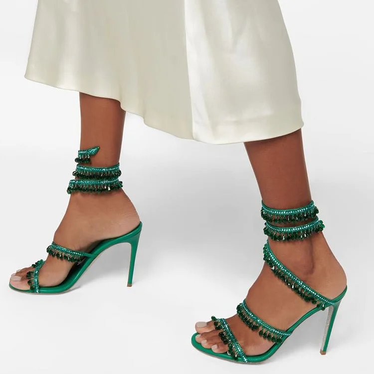 Green Rhinestone Stiletto Wedding Sandals with Open Toe Wrap Vdcoo