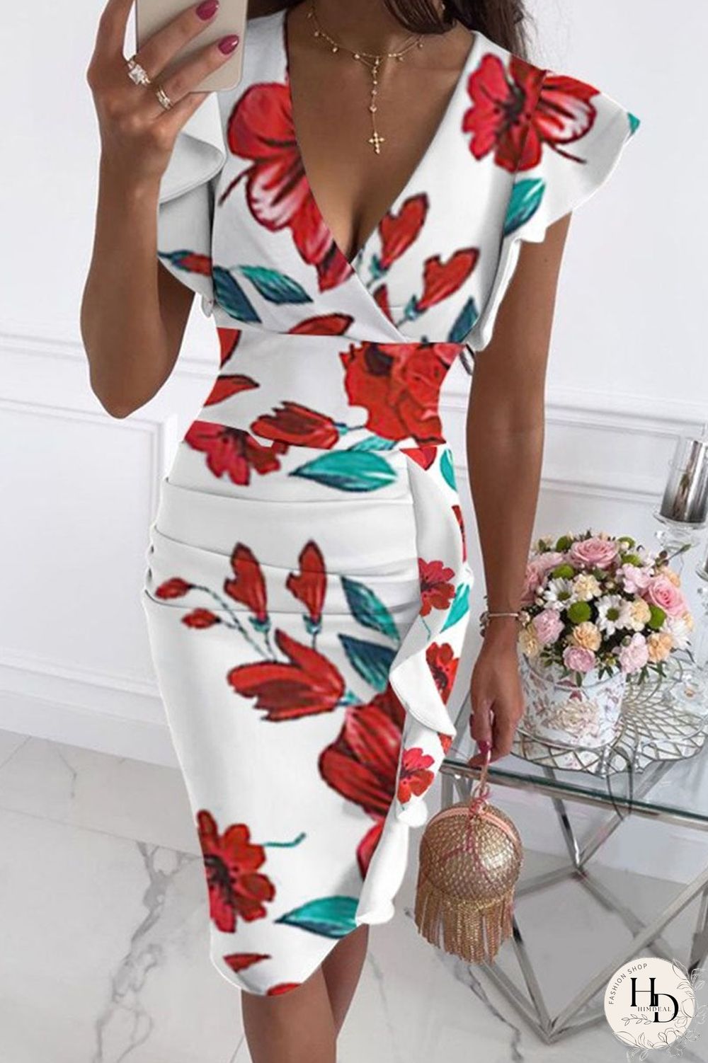 Fashion Street Print Split Joint V Neck Pencil Skirt Dresses