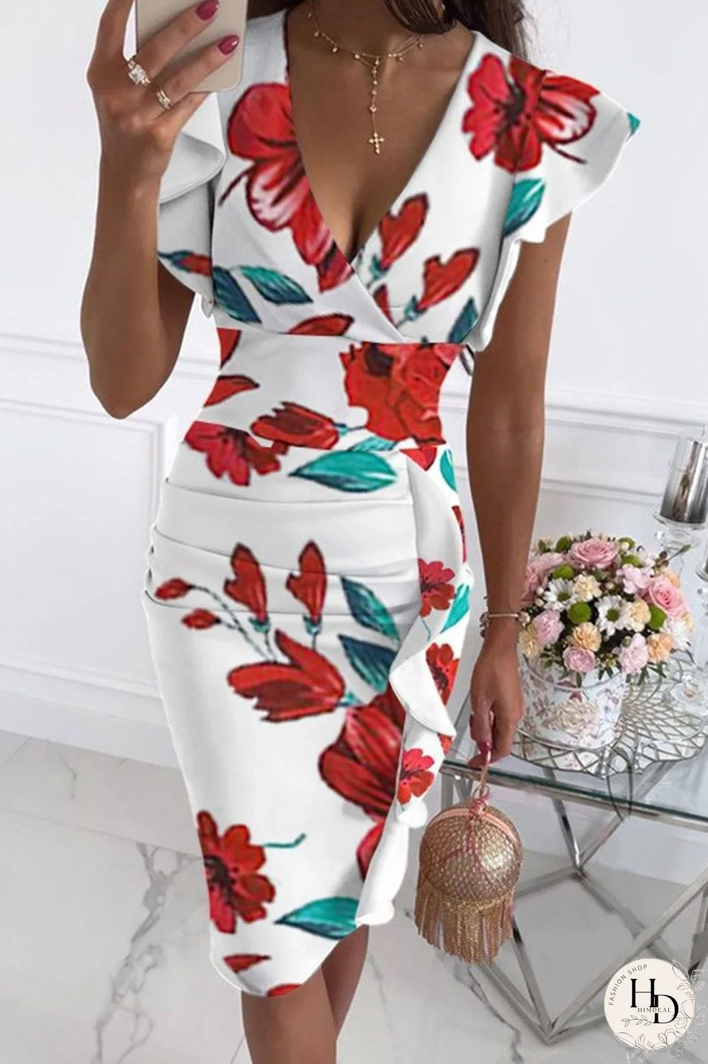 Fashion Street Print Split Joint V Neck Pencil Skirt Dresses