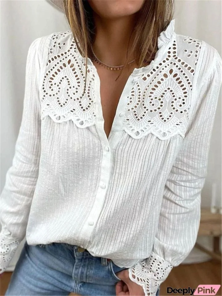 New Casual Simple Style Loose Lace Blouses Round Neck Long Sleeve Shirts