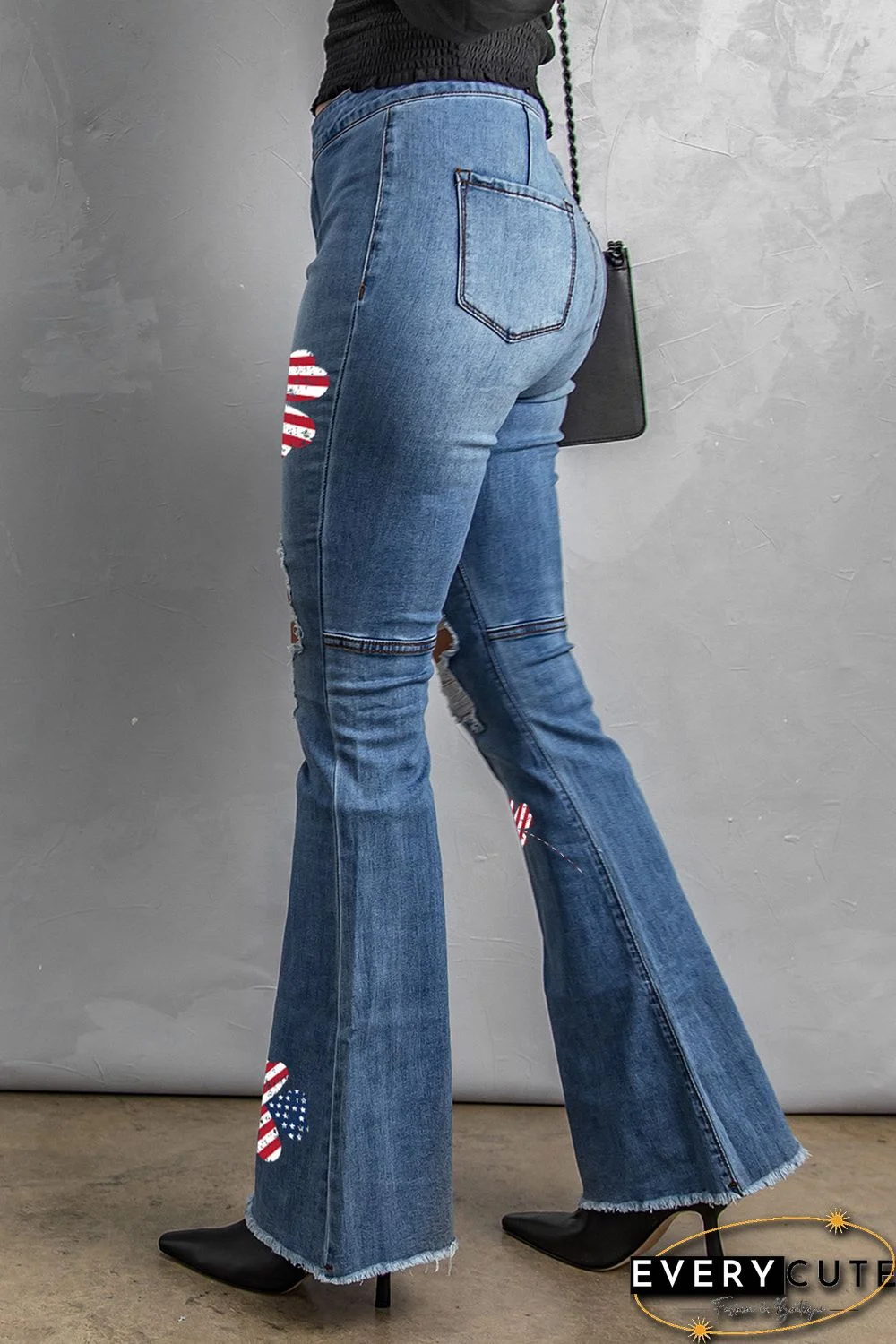 Sky Blue St. Patrick's Day US Flag Clover Print Distressed Flare Jeans