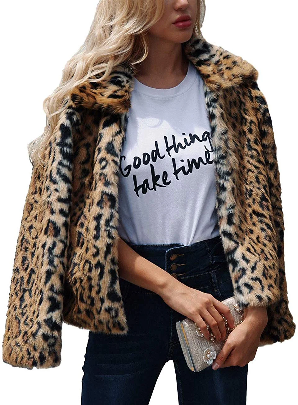 Womens Winter Faux Fur Oversize Boyfriend Loose Leopard Outerwear Coat Jackets