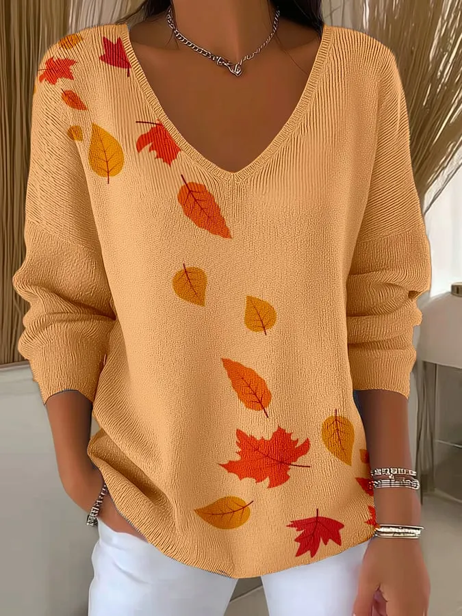 Women's Autumn Maple Leaf Printed Casual Striped Fabric Long Sleeve T-Shirt 