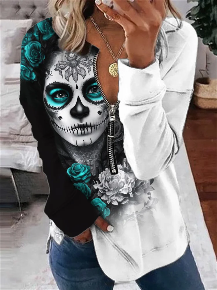 Day of the Dead Art Contrast Zip Up Sweatshirt