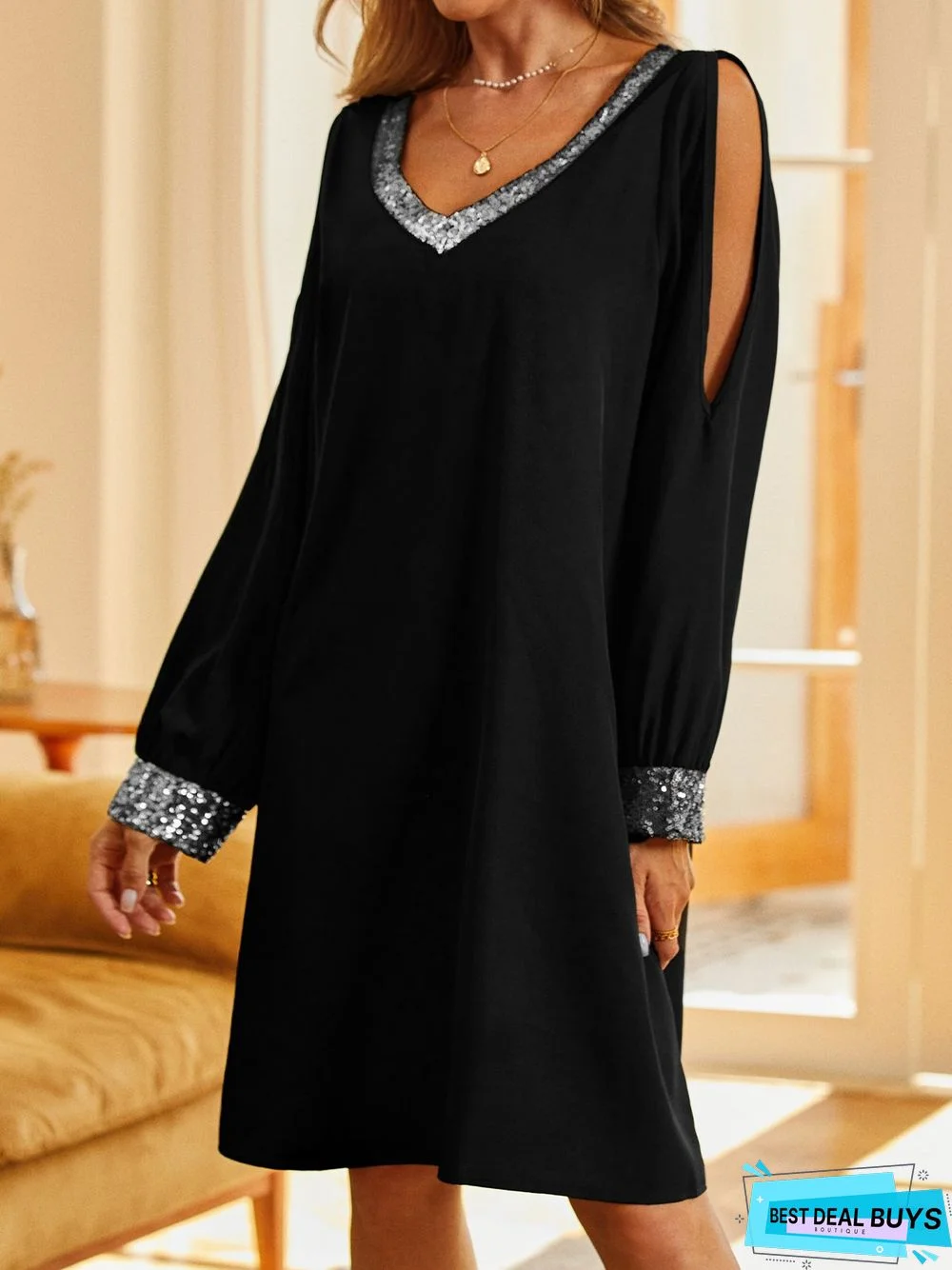 V Neck Sexy Sequins Loosen Weaving Tunic Dress
