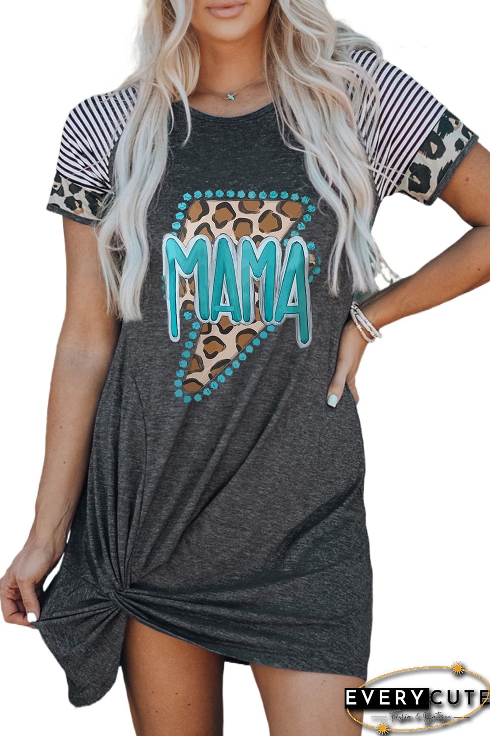 Gray MAMA Leopard Graphic Contrast Sleeve Dress