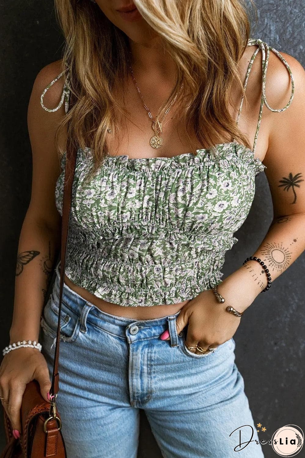Green Floral Print Tie Spaghetti Straps Cropped Tank Top