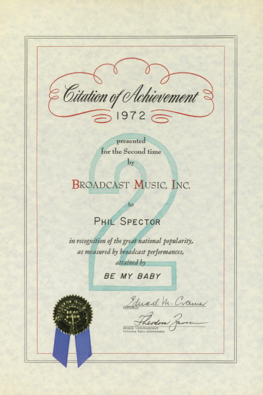 Phil Spector's Personal BMI Award Certificate 1972 Ronettes Be My Baby