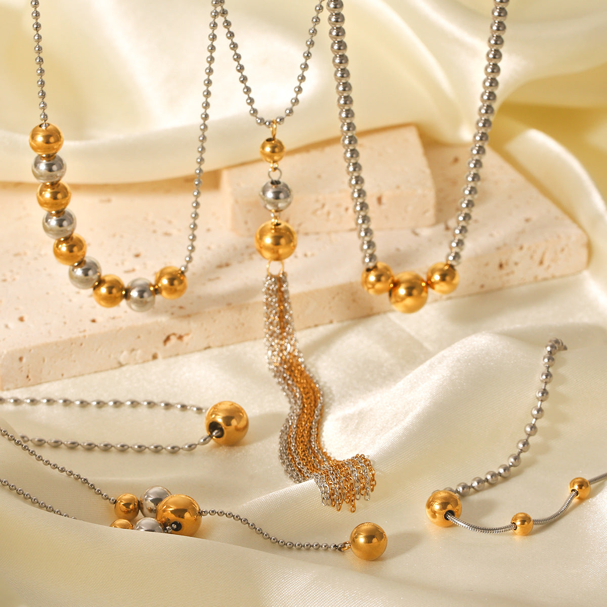 Color Matching Round Bead Necklace Tassel Y Chain 18K Gold Stainless Steel Clavicle Chain Titanium Steel Necklace