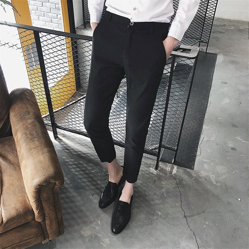 Woherb Solid Casual Pants Men Slim Fit Ankle-Length Trousers Male 2020 New Spring Summer White Khaki Black Stretch Fashion Suit Pants