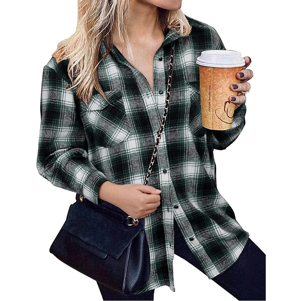 Women's Plaid Lapel Jacket Shirt Casual Buttoned Cardigan