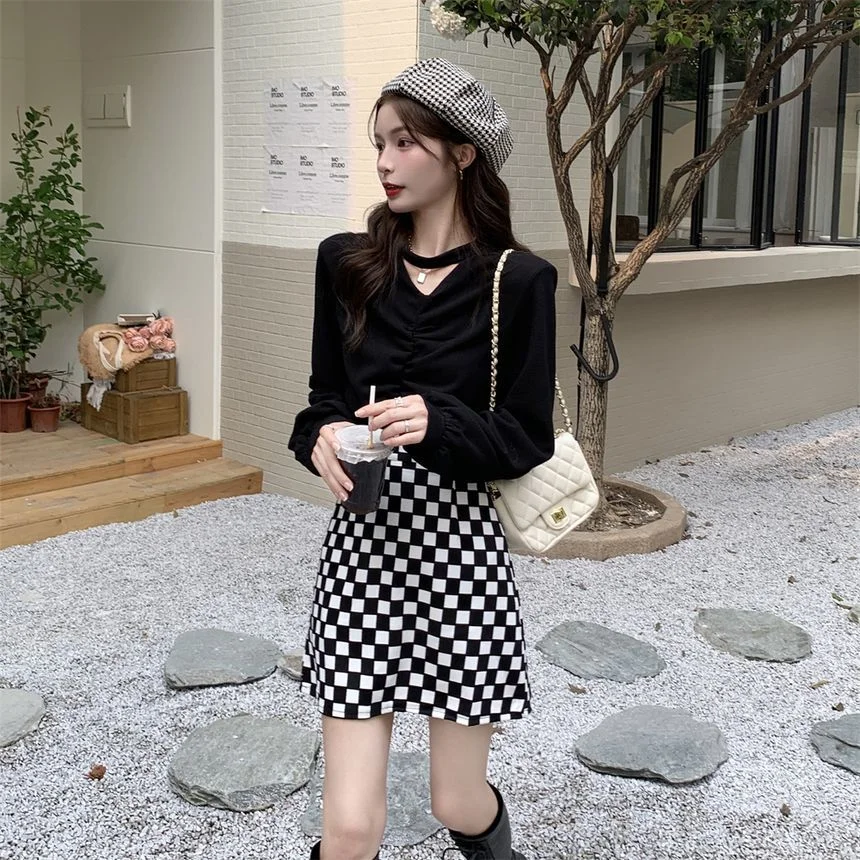 Long-Sleeve Ruched Cutout Top / Checkerboard Mini Skirt SP17607