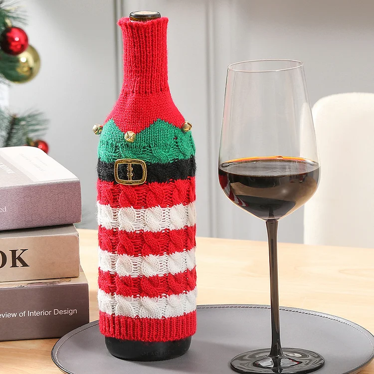 Christmas Decoration Red Wine Bottle Striped Knitted Cover Creative Gifts