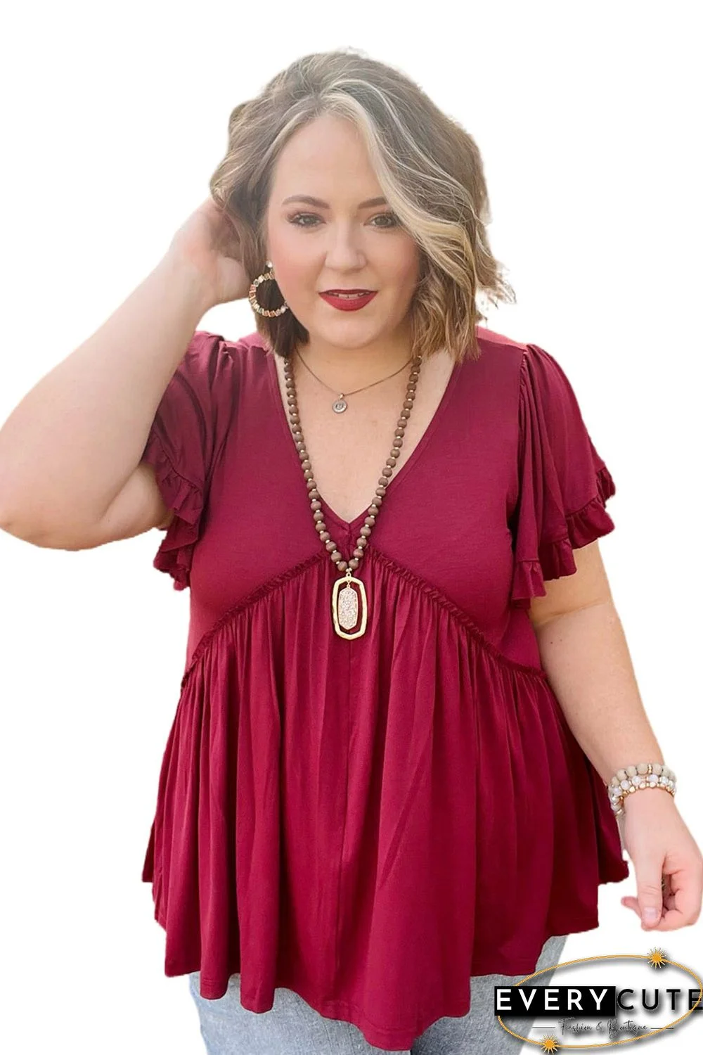 Red Plus Size V Neck Ruffle Sleeve Peplum Blouse