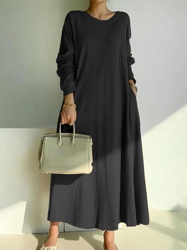 Simple Loose 3 Colors Round-Neck Long Sleeves Midi Dress