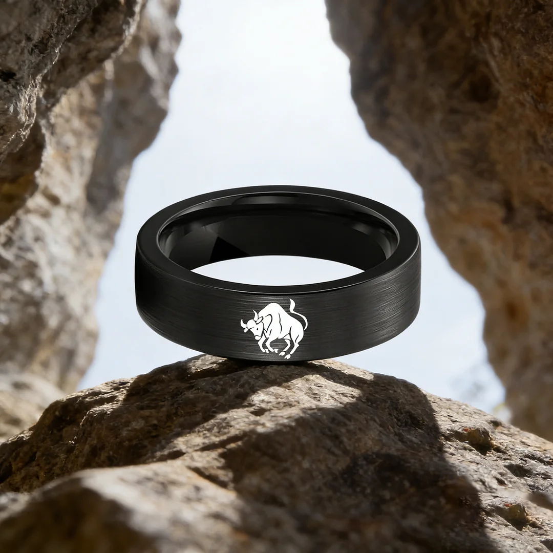 Taurus Tungsten Carbide Ring Black Flat Wedding Bands Comfort Fit Men and Women 4MM 6MM 8MM