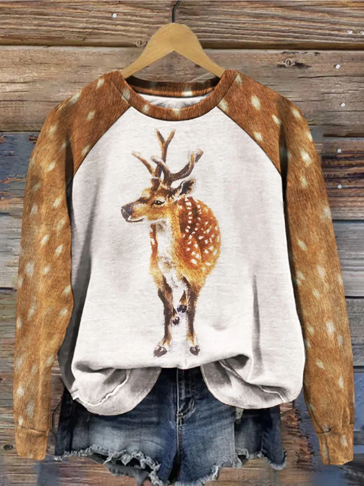 VChics Cute Sika Deer Art Graphic Crew Neck Comfy Sweatshirt