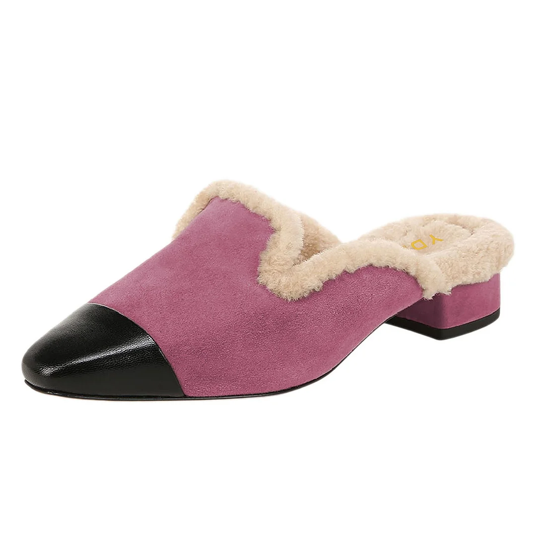 Pink Square Toe Chunky Heel Faux Fur Slip-On Mules for Women