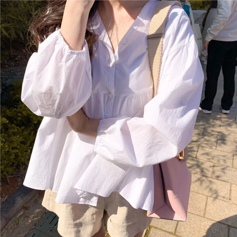 ABEBEY Women Autumn Blouses Long Sleeve Janpan Korean Kawaii Cute Loose Vestidos Single Breasted V Neck Elegant Mujer Casual Top Femme