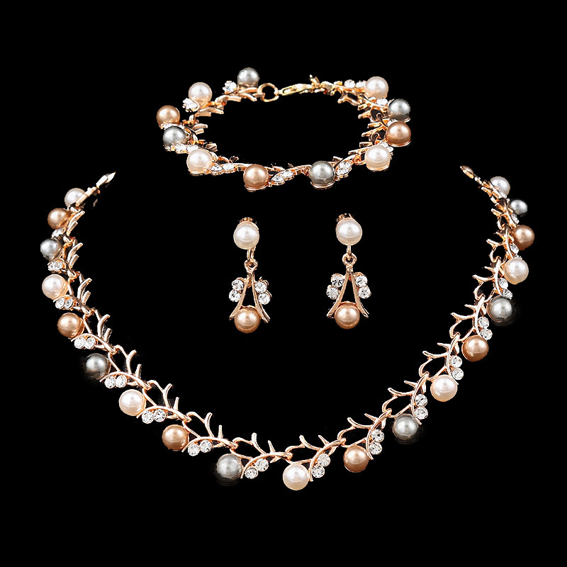 Fashion Multicolor Inlaid Rhinestone Pearl Necklace Earrings Bracelet Three Piece Jewelry Set 2024 - Flycurvy 