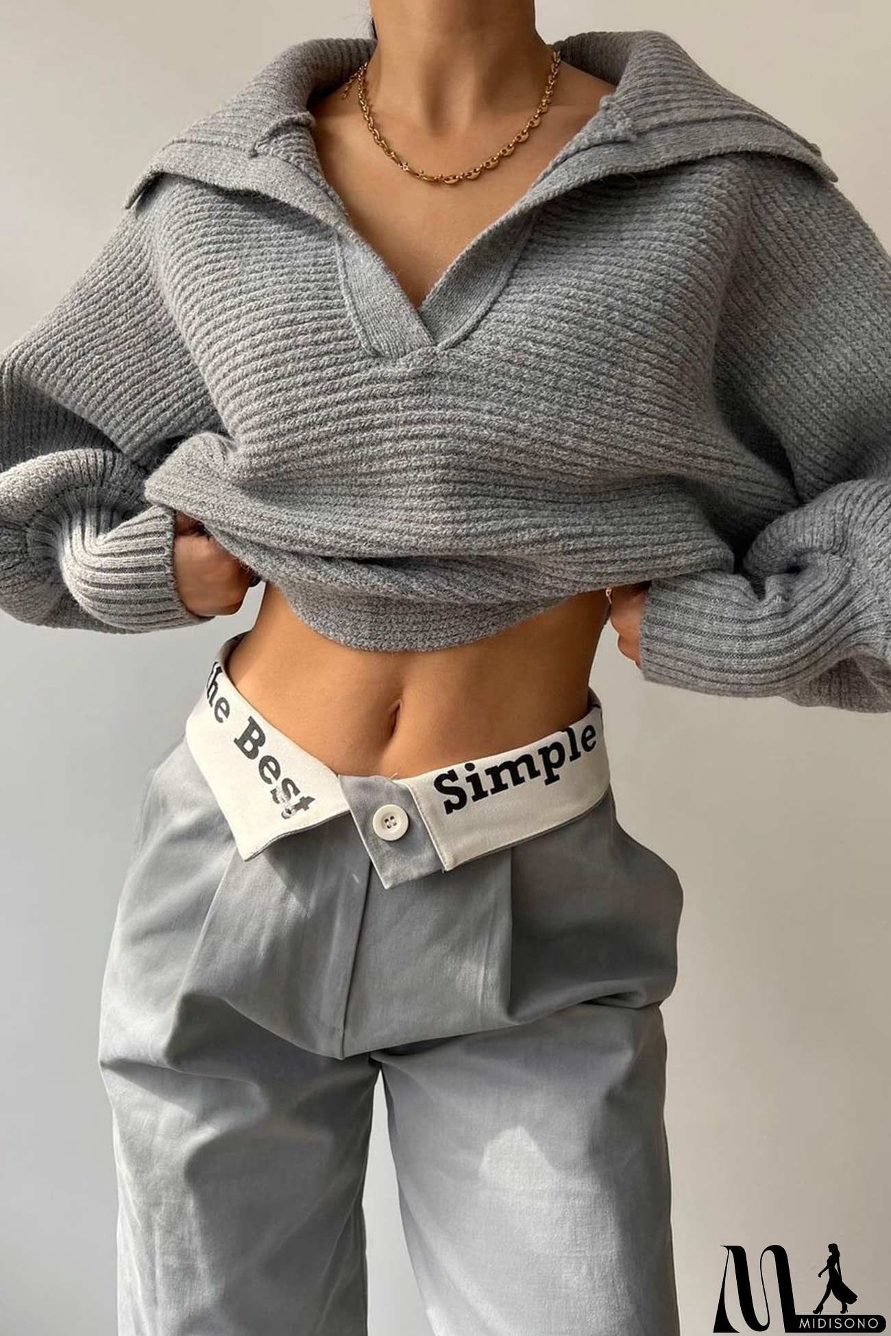 MidiSono - Lapel V Neck Puff Sleeve Sweater