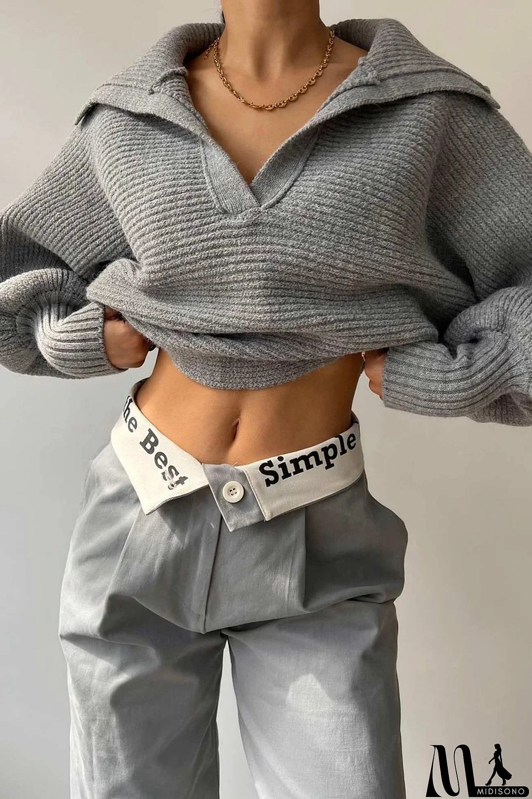 MidiSono - Lapel V Neck Puff Sleeve Sweater