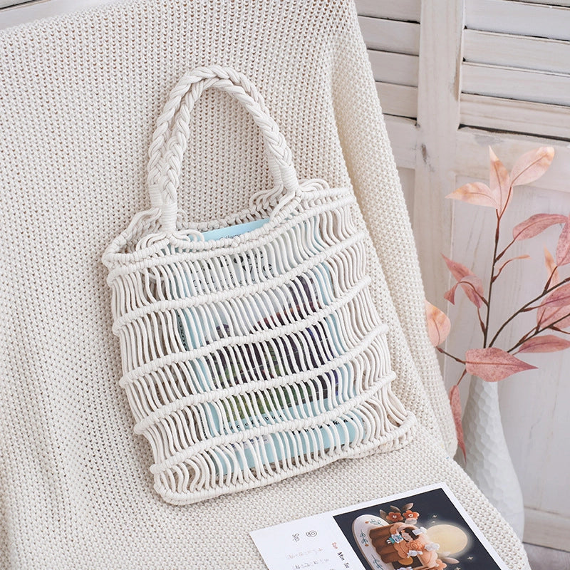 Women’s Medium Cotton Solid Color Vacation Beach Hollow Open Handbag