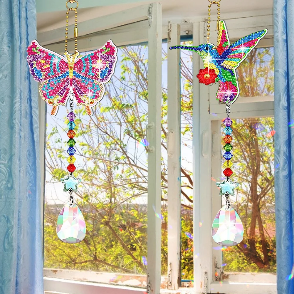 2pcs DIY Butterfly Hummingbird Suncatcher Diamond Drawing Hanging Ornament Kit