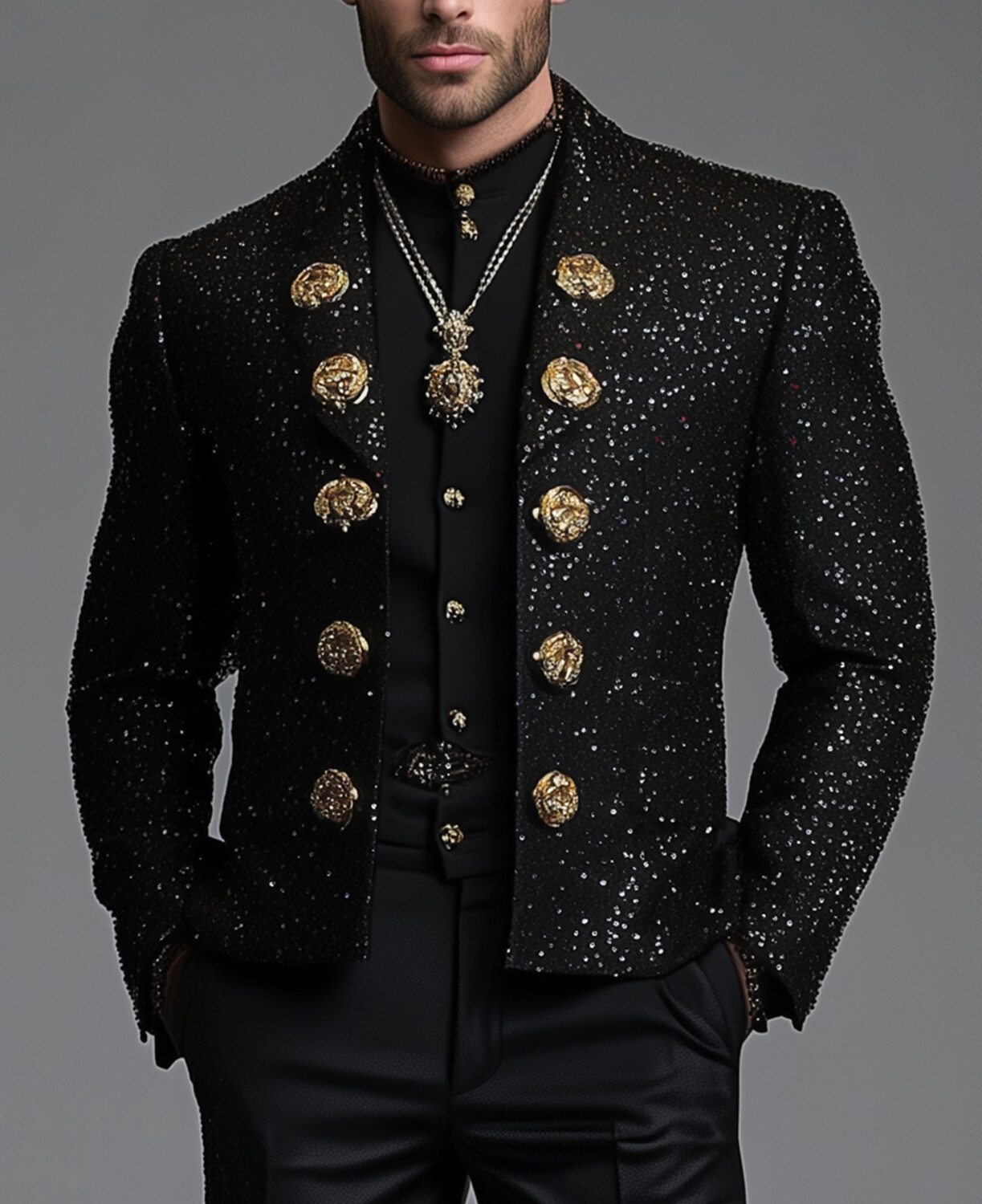 Okaywear Sequin Metal Button Long Sleeve Jacket