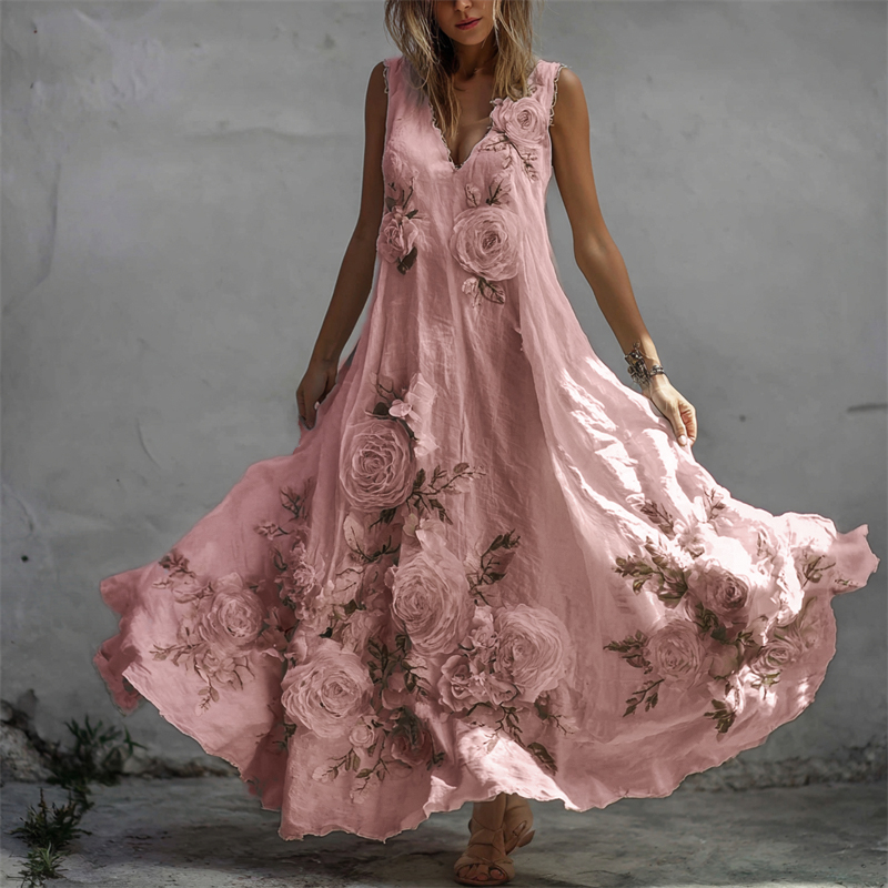 Zwiewna lniana sukienka maxi w białe róże w stylu vintage