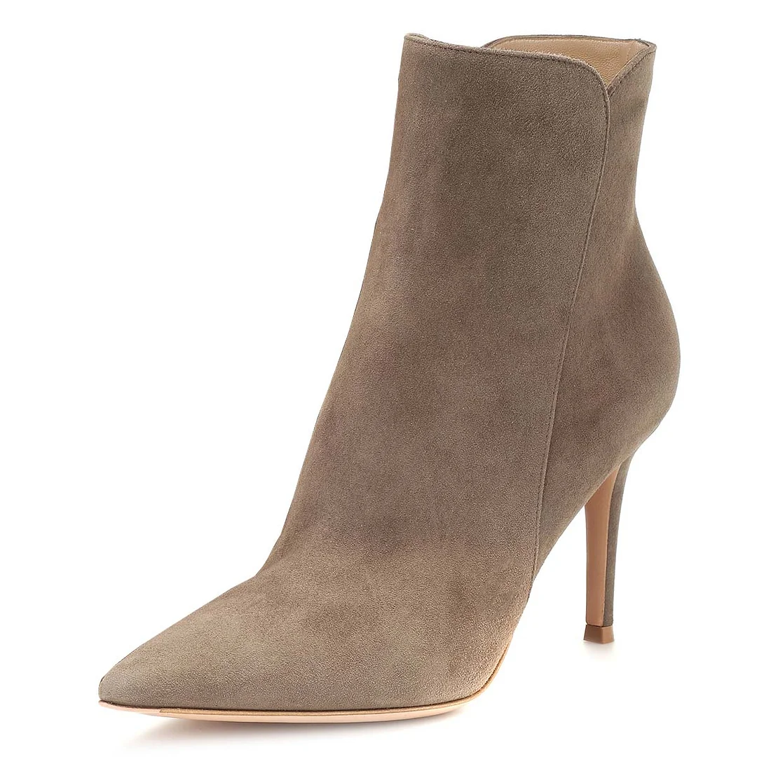 Taupe Vegan Suede Stiletto Heel Pointed Toe Ankle Boots for Women