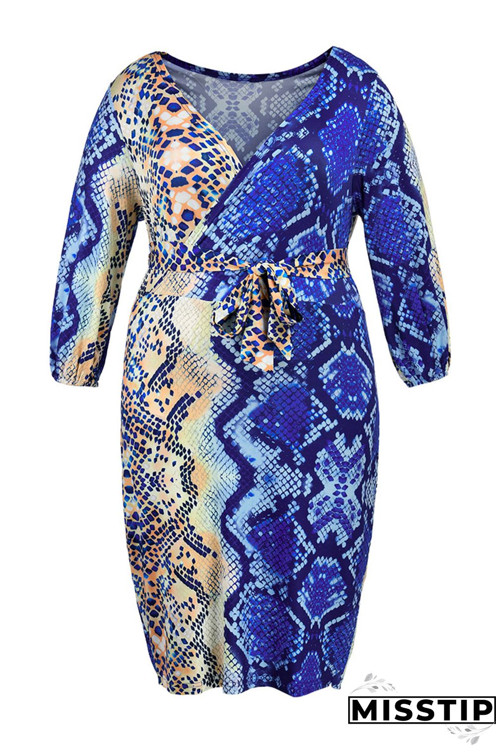 Blue Sexy Print With Belt V Neck Straight Plus Size Dresses