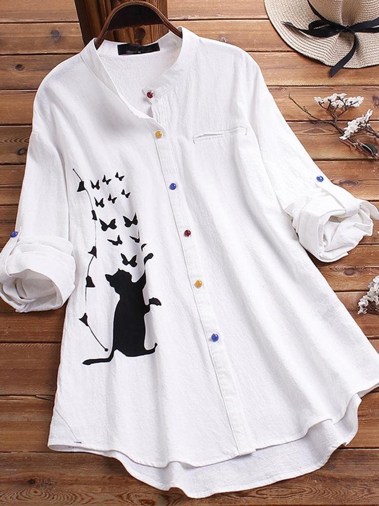 Women Casual Cotton Linen Cat Print Shirt Blouse