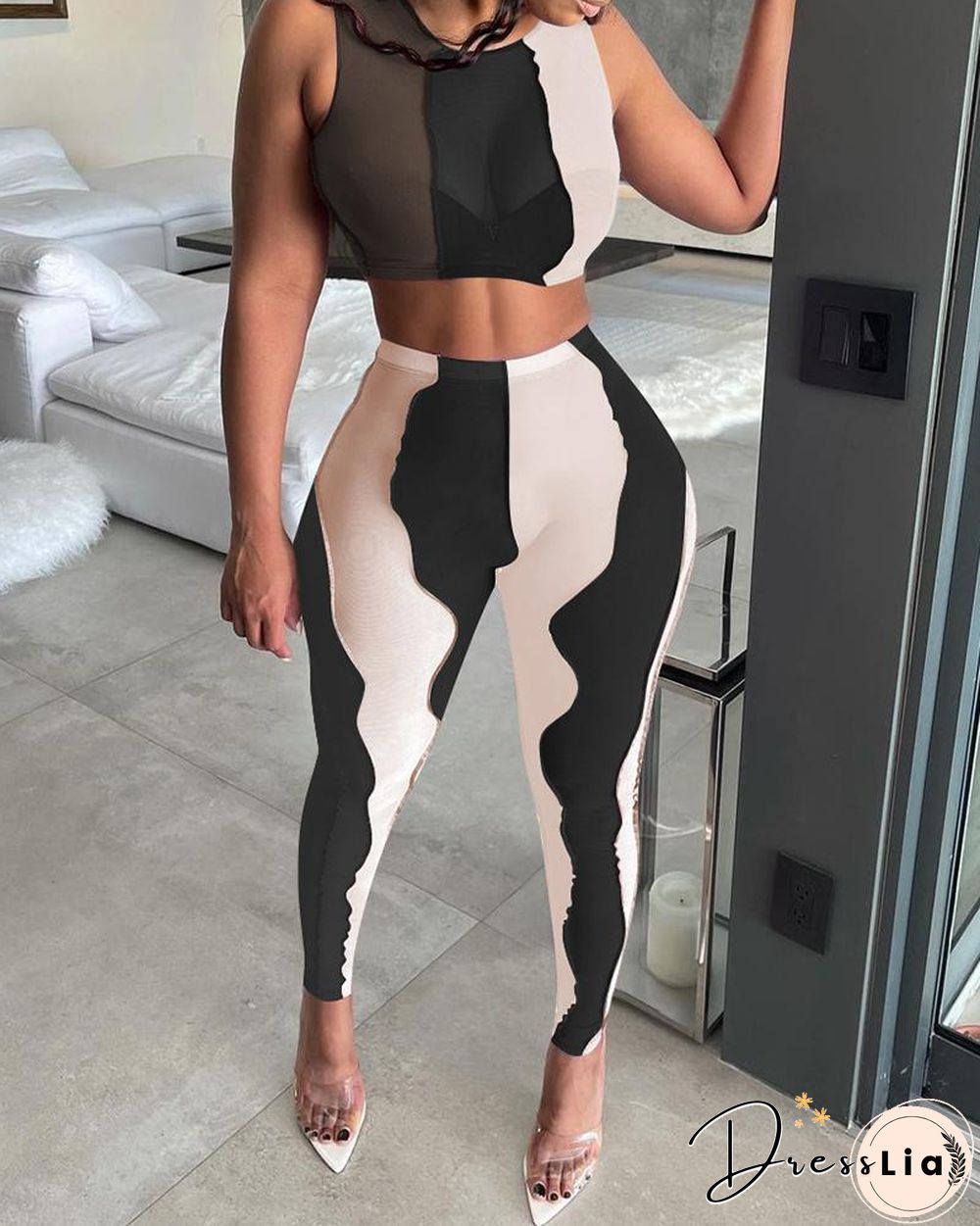 Colorblock Sheer Mesh Crop Top & Pants Set
