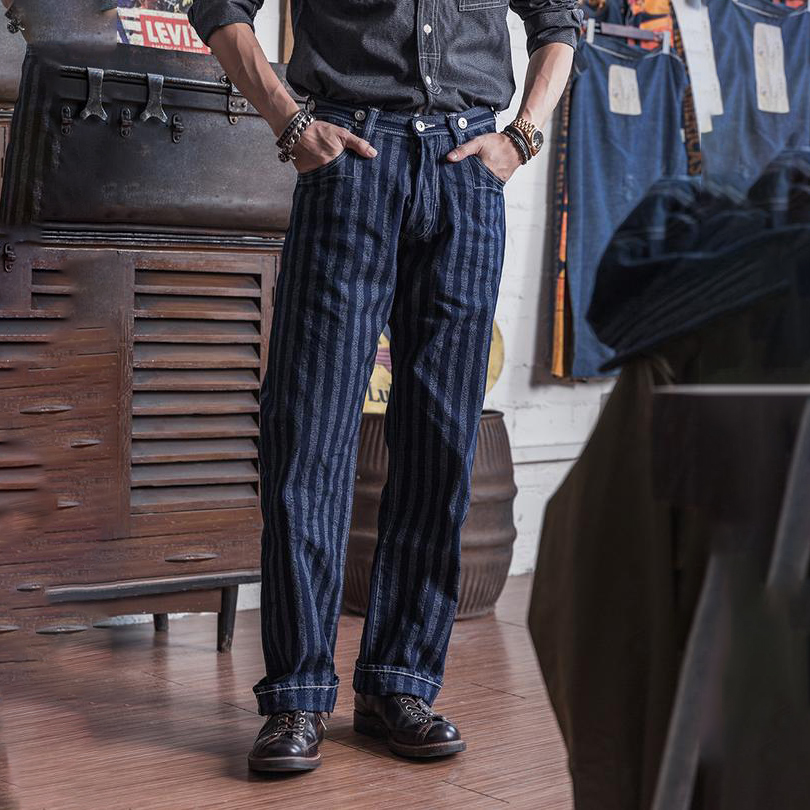 (🛒27% OFF🤣)1900s Waist Band Selvedge Denim Stripe Straight Jeans