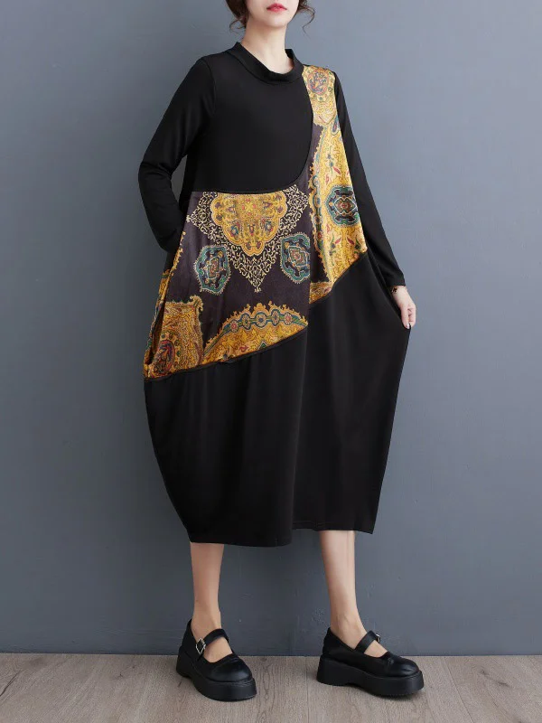 Long Sleeves Loose Asymmetric Printed Split-Joint Round-Neck Midi Dresses