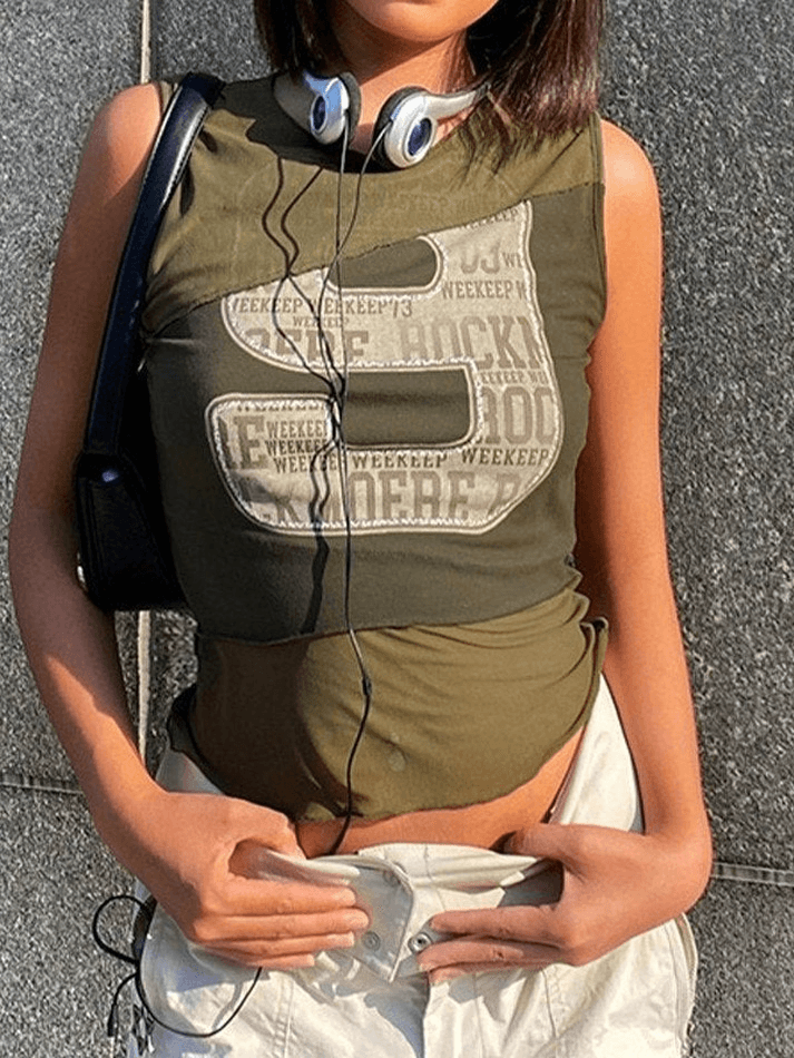 Printed Patchwork Mesh Tank Top